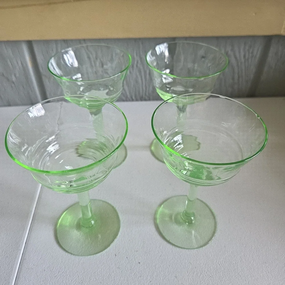 Vintage Uranium Small Stem Glass Green Hue Collectible Glassware Set Of 4